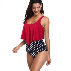🦋 3/$15 Flounce Red Tankini High Waisted Polka Dot Bottom